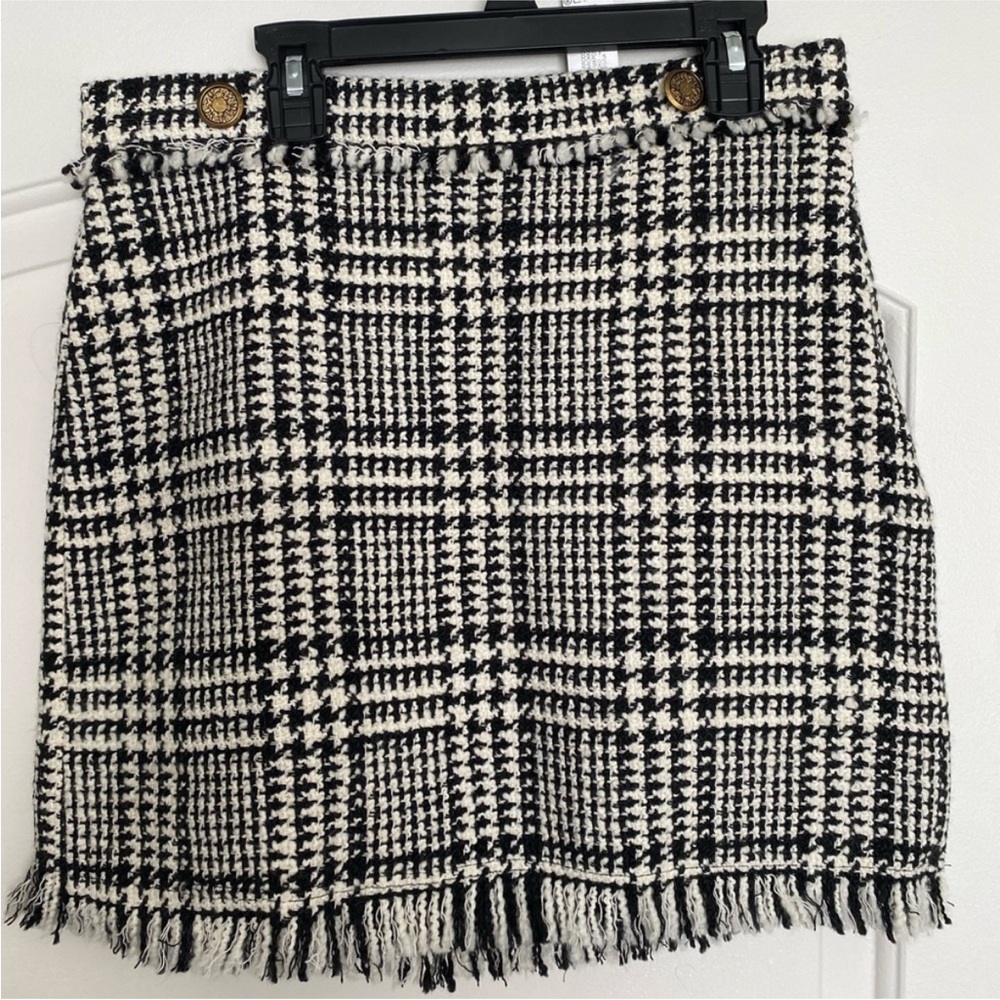 Zara Black and White Checkered Mini Skirt with fringe Xs houndstooth